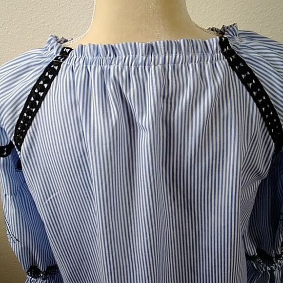 MANGO USA Blue and Black Relaxed Striped Embroidery Women's Blouses Size S - Picture 10 of 16